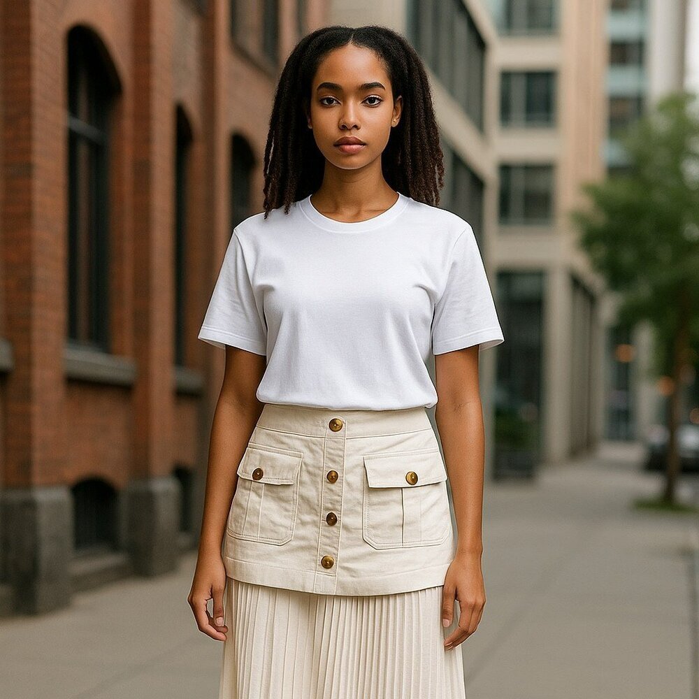 Patchwork Asymmetrical Pleated Buttoned Midi Skirt by COMMENSE.